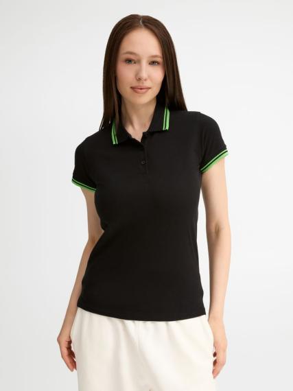 Рубашка поло женская Pasadena Women 200 с контрастной отделкой, черный/зеленый, размер M